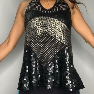 Bebe Sequined Stud Black Silver Top Open Back Sexy